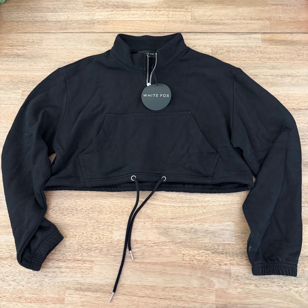 White Fox No Rules Cropped Sweater Black Quarter Zip Pullover L/XL NEW